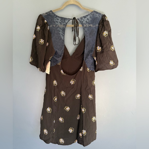 Free People Brown and Cream Ruffled Tie Front Sundress - Picture 4 of 5